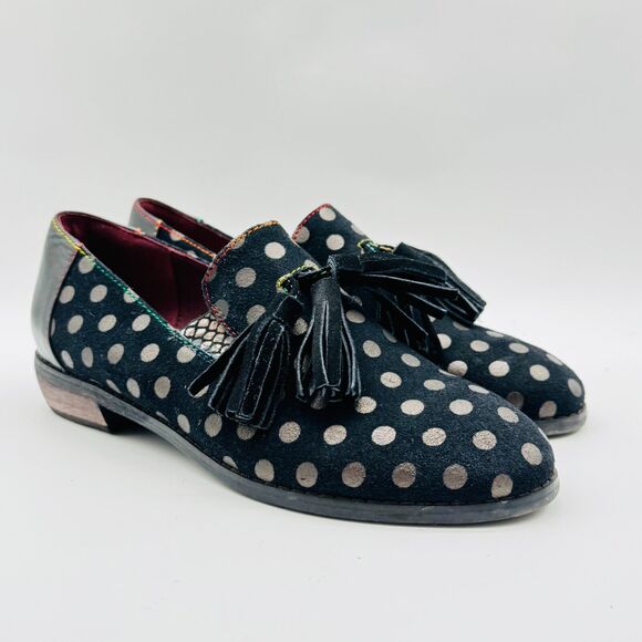 L'Artiste Shoes Womens 38 US 7.5 8 Black Gold Polka Dot Loafers Tassel Heels - Picture 1 of 13